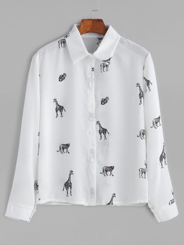 Shein White Animals Print Shirt