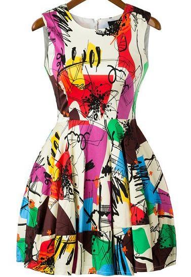 Shein Multicolor Fling Sleeveless Graffiti Print Flare Short Dress