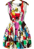 Shein Multicolor Fling Sleeveless Graffiti Print Flare Short Dress