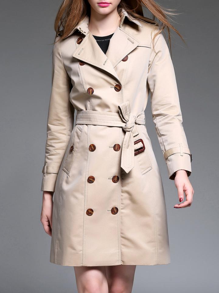 Shein Khaki Lapel Belted Pockets Coat