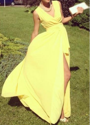 Rosewe High Slit Yellow V Neck Maxi Dress