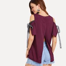 Shein Open Shoulder Split Back Knot Top