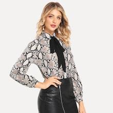 Shein Contrast Tie Neck Snakeskin Print Blouse