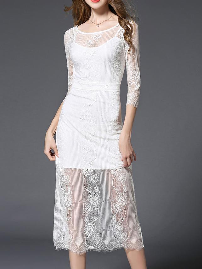 Shein White Sheer Backless Lace Sexy Dress