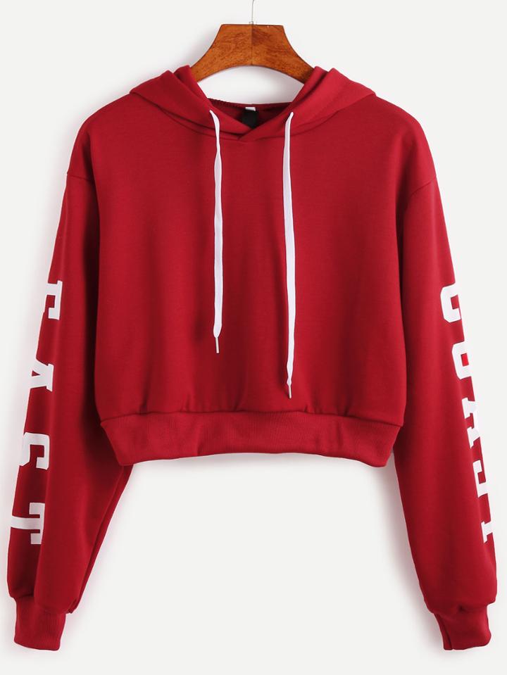 Shein Burgundy Hooded Letters Print Crop Sweatshirt