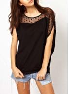 Rosewe Woman Sexy Black Round Neck Tees With Mesh