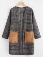 Shein Faux Fur Pocket Contrast Tartan Plaid Coat