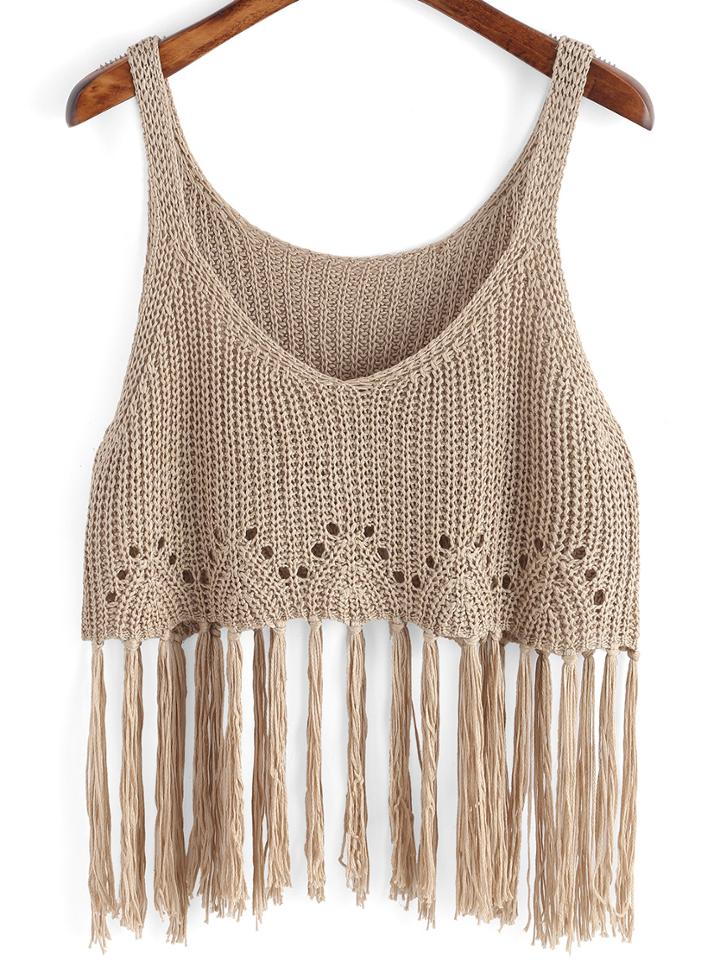 Shein Khaki Spaghetti Strap Tassel Cami Sweater