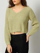 Shein Green V Neck Long Sleeve Crop Sweater