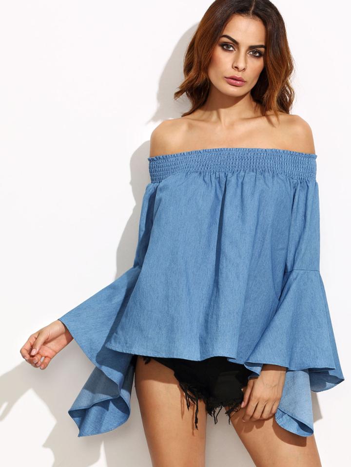 Shein Blue Smocked Off The Shoulder Bell Sleeve Chambray Top