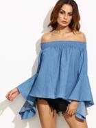 Shein Blue Smocked Off The Shoulder Bell Sleeve Chambray Top