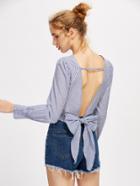 Shein Twist Front Backless Tie Detail Pinstriped Blouse