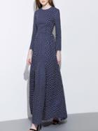 Shein Navy Round Neck Length Sleeve Polka Dot Dress