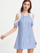 Shein Contrast Crochet Open Shoulder Lace Up Striped Dress