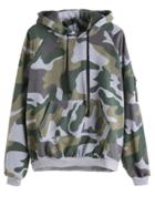 Shein Camo Print Zip Hooded Drawstring Sweatshirt With Pocket