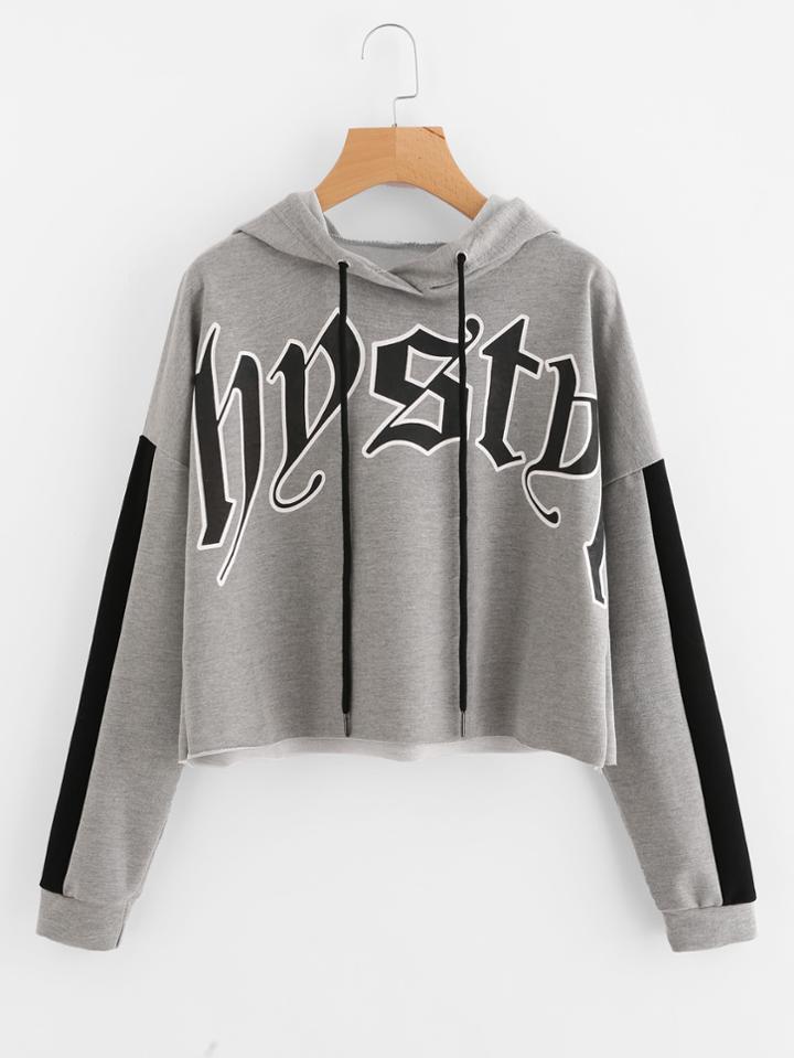 Shein Letter Print Drop Shoulder Raw Hem Hoodie
