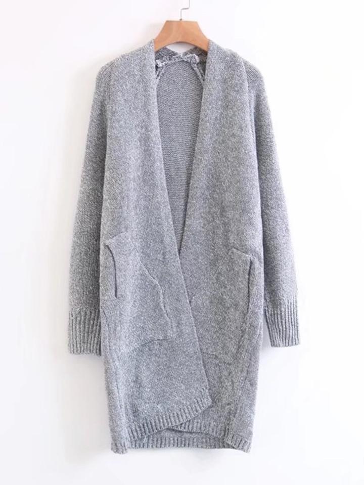 Shein Ribbed Detail Open Front Long Cardigan