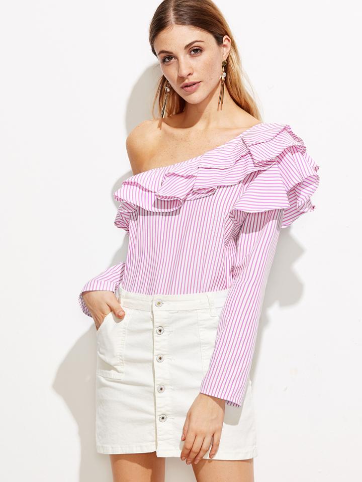 Shein Pink Vertical Striped One Shoulder Ruffle Trim Top