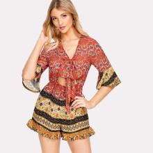 Shein Ornate Print Knot Cutout Front Romper