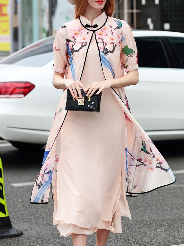 Shein Apricot Two-piece Floral Split Dress