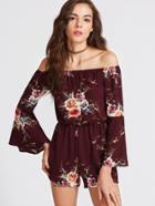 Shein Burgundy Florals Off The Shoulder Bell Sleeve Romper