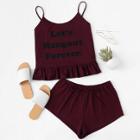 Shein Letter Print Ruffle Hem Cami Top And Shorts Pj Set