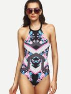 Shein Multicolor Flower Print Strappy Halter Neck Swimsuit
