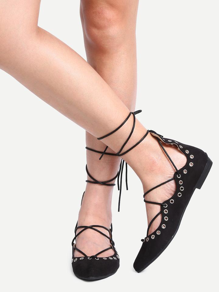 Shein Laser-cut Lace-up Pointed Toe Flats - Black