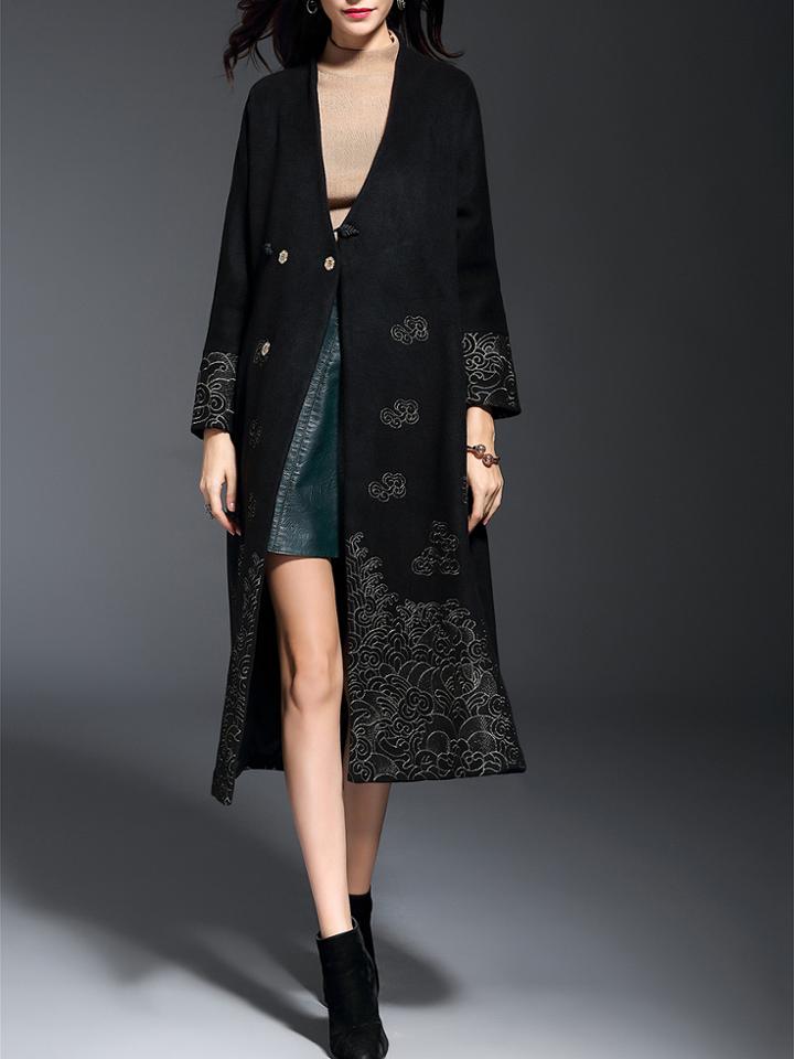 Shein Black V Neck Embroidered Long Coat