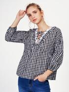 Shein Frill Trim Lace Up Neck Gingham Blouse