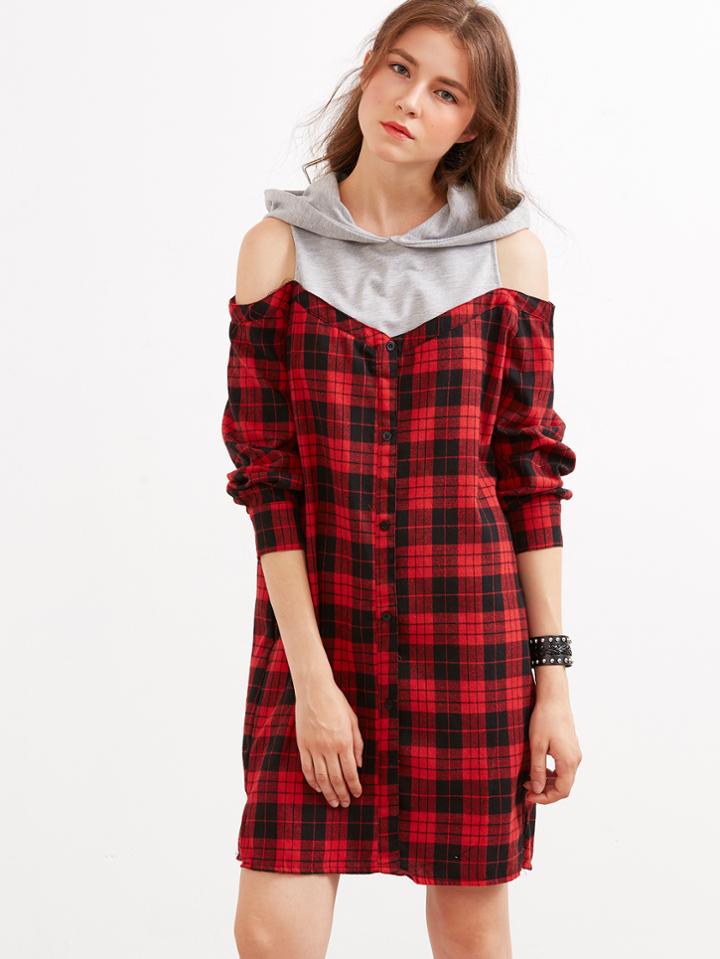Shein Burgundy Plaid Contrast Open Shoulder Hooded Dress