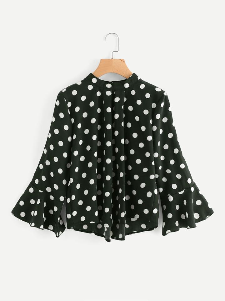 Shein Flounce Sleeve Pleated Detail Spot Blouse