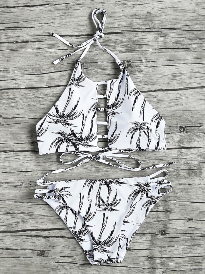 Shein Plam Tree Ladder Cutout Halter Bikini Set
