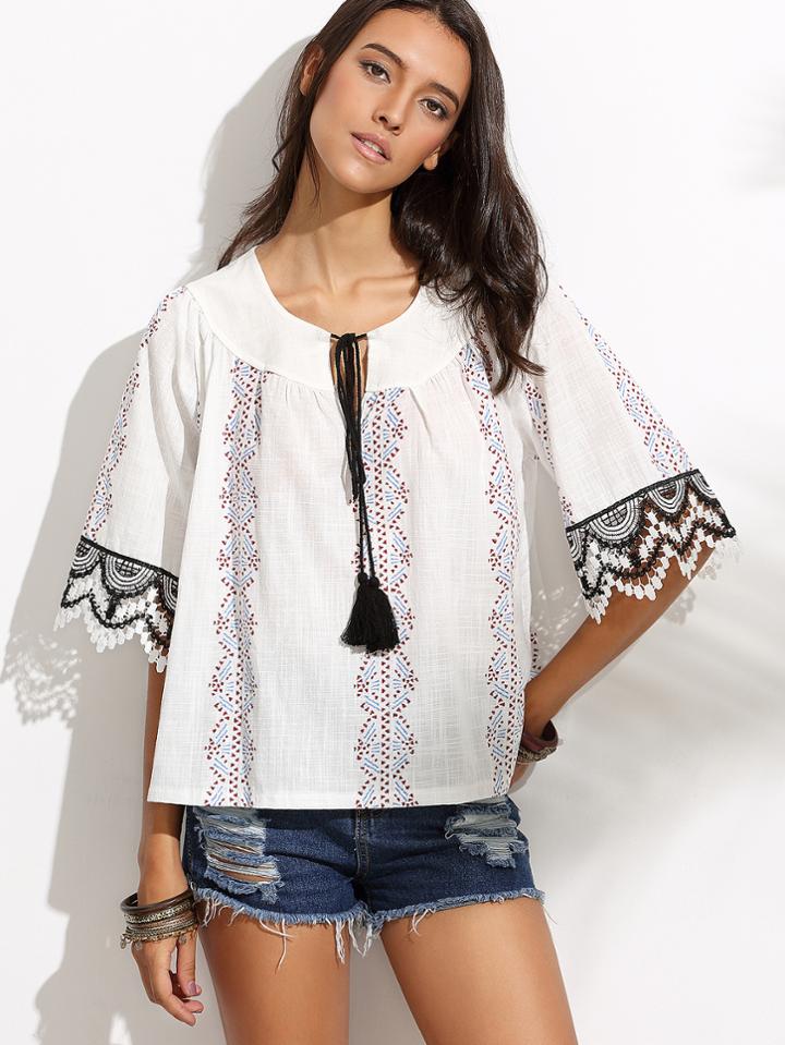 Shein White Lace Insert Print Blouse