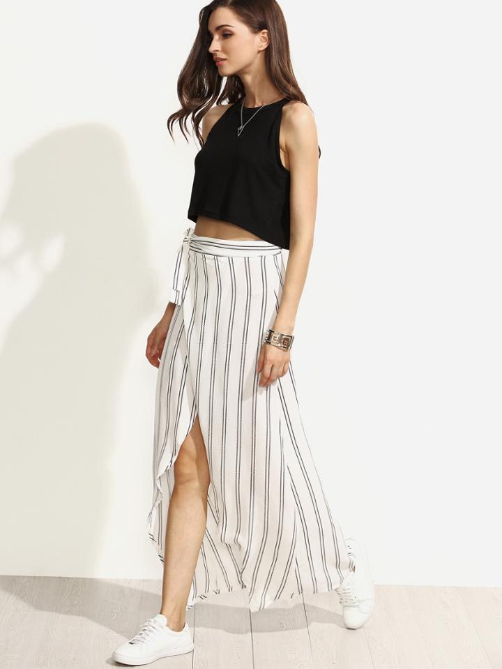 Shein White Striped Wrap Asymmetrical Self Tie Skirt