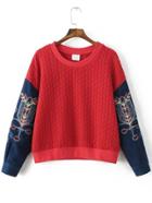 Shein Red Embroidery Contrast Denim Sleeve Drop Shoulder Sweatshirt