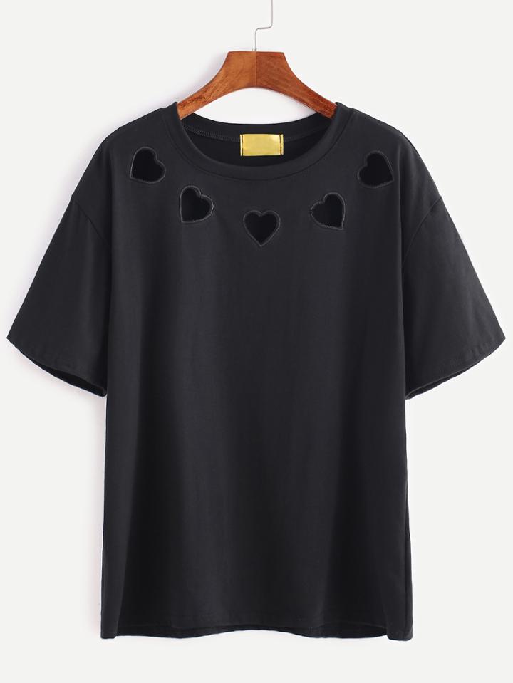Shein Black Hearts Embroidered Hollow T-shirt