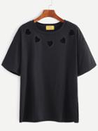 Shein Black Hearts Embroidered Hollow T-shirt