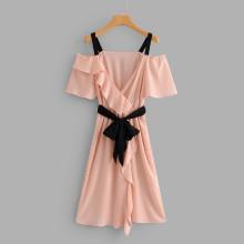 Shein Ruffle Trim Surplice Neckline Belted Dress