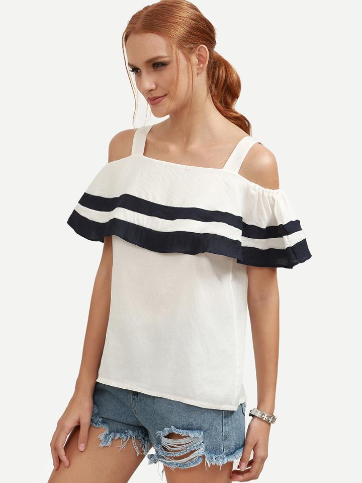 Shein White Striped Ruffled Cold Shoulder Top