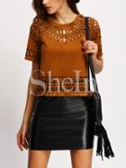 Shein Coffee Crew Neck Hollow Zipper T-shirt