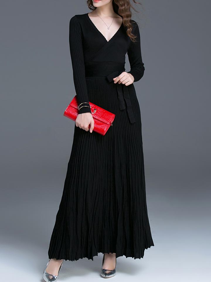 Shein Black V Neck Tie-waist Pleated Maxi Dress