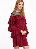 Shein Burgundy Contrast Sheer Neck Layered Sleeve Ruffle Dress