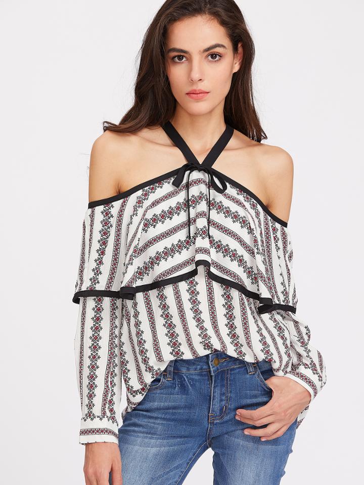 Shein Floral Striped Contrast Strap And Binding Flounce Top