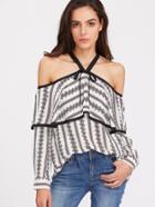Shein Floral Striped Contrast Strap And Binding Flounce Top
