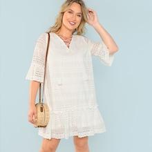 Shein Plus Lace Up Eyelet Embroidered Ruffle Dress