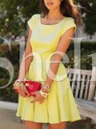 Shein Yellow Cap Sleeve Square Neck Pouf Dress