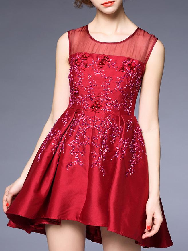 Shein Red Contrast Gauze Beading High Low Dress