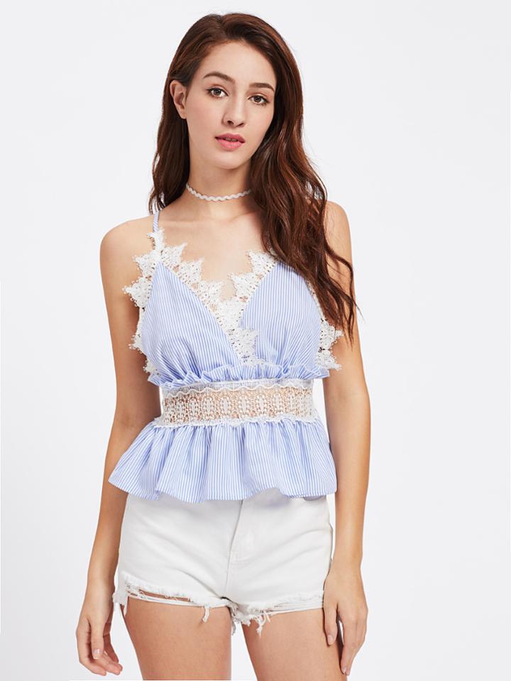 Shein Lace Trim Surplice Front Smocked Peplum Cami Top