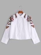 Shein White Flower Embroidered Shirt